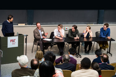 CTP Professors Hong Liu, Jesse Thaler, William Detmold, Daniel Harlow, Tracy Slatyer, and Aram Harrow share a moment during a panel discussion on the future of theoretical physics.