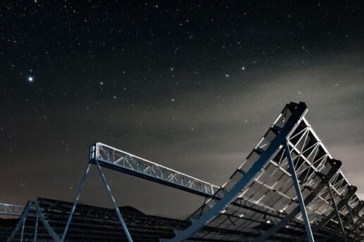 CHIME, a radio telescope in British Columbia, consists of four large antennas, each about the size and shape of a snowboarding half-pipe.