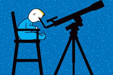 Illustration of baby in high chair looking at the stars with a telescope