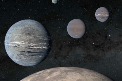 An artist’s rendering of five planets orbiting TOI-1233.