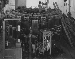 Technicians inspect the 300 MeV electron synchrotron