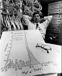 Samuel C.C. Ting along with a data proving the existence of the new 'J' particle.