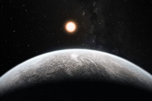 Artist's conception of a super Earth exoplanet with its star in the background.