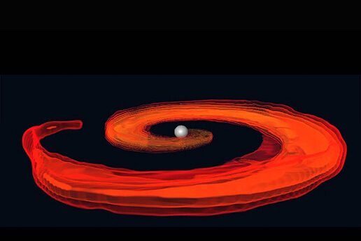 Numerical simulation of the last instances of a neutron star and black hole merger, as the neutron star is destroyed by the tidal pull of the black hole (at the center of the disk).