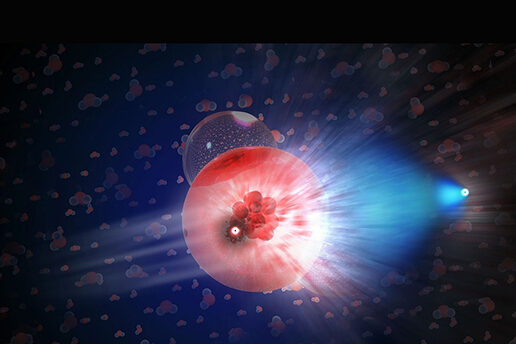 In this illustration, a neutrino has interacted with a molecule of ice, producing a secondary particle—a muon.