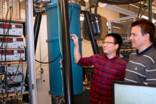 MIT researchers Sanfeng Wu, left, a postdoc at MIT, and Pablo Jarillo-Herrero, the Cecil and Ida Green Professor of Physics in lab.