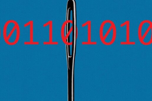 Illustration of binary code through eye of needle