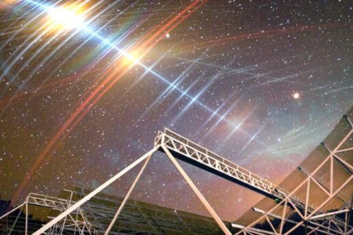 CHIME telescope against starry sky with streaks of light