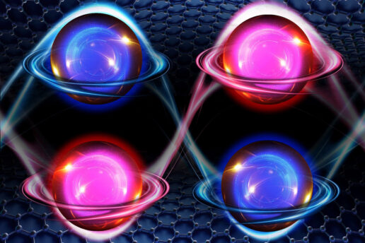 Graphic of 4 electrons paired between 2 layers of graphene with blue and red wisps of energy connecting them together