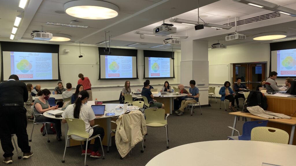 photo of classroomm with many round desks filled with students with projectors displaying a slide of a chart