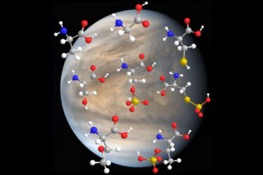 Venus in space with multi-colored amino acid molecules in its atmosphere