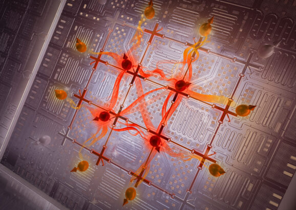 A futuristic quantum computer chip is made of a grid with qubits on the intersections. These red spherical qubits emit flame-like energy between them.