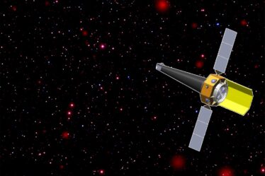 Illustration of the proposed AXIS Deep Extragalacitc Survey, a conical satellite with an octagonal heat shield and two solar panels, against a black star field