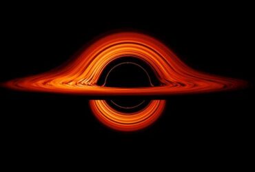 A black hole animation of the event horizon. It shows the swirling orange material around the central black void.