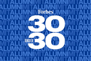 graphic displays Forbes 30 under 30 in foreground with MIT Alumni repeated as background