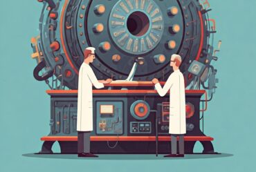 illustration of two scientists working on a particle accelerator