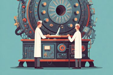 illustration of two scientists working on a particle accelerator