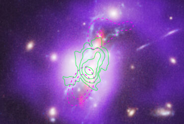 The Phoenix cluster of galaxies has green and purple overlays. The green overlay shows the “cooling gas” and the purple shows “jet-inflated bubbles.