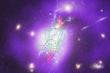 The Phoenix cluster of galaxies has green and purple overlays. The green overlay shows the “cooling gas” and the purple shows “jet-inflated bubbles.