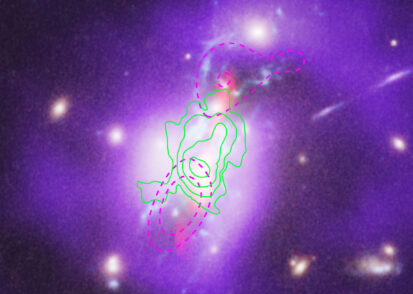 The Phoenix cluster of galaxies has green and purple overlays. The green overlay shows the “cooling gas” and the purple shows “jet-inflated bubbles.